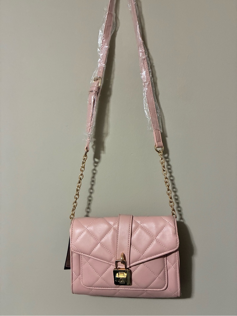 bebe Quilted Light Pink Chain Strap Crossbody Bag